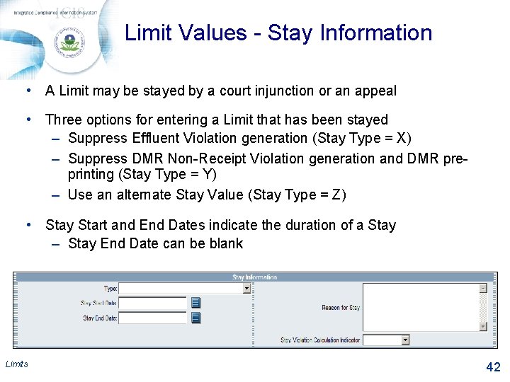 Limit Values - Stay Information • A Limit may be stayed by a court