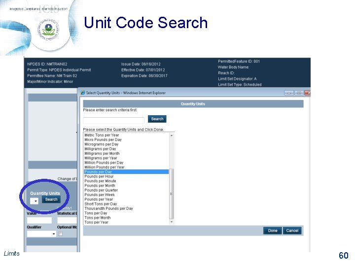 Unit Code Search Limits 60 
