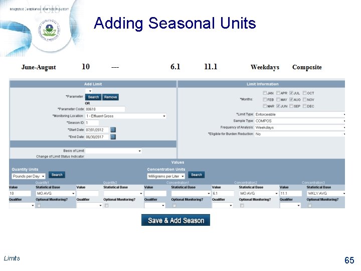 Adding Seasonal Units Limits 65 