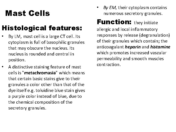 Mast Cells Histological features: • By LM, mast cell is a large CT cell.