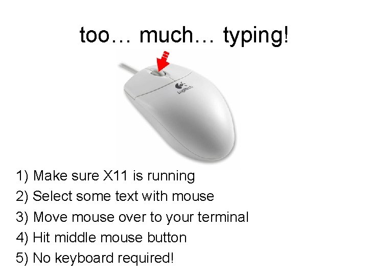 too… much… typing! 1) Make sure X 11 is running 2) Select some text