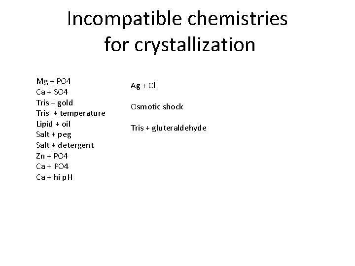 Incompatible chemistries for crystallization Mg + PO 4 Ca + SO 4 Tris +