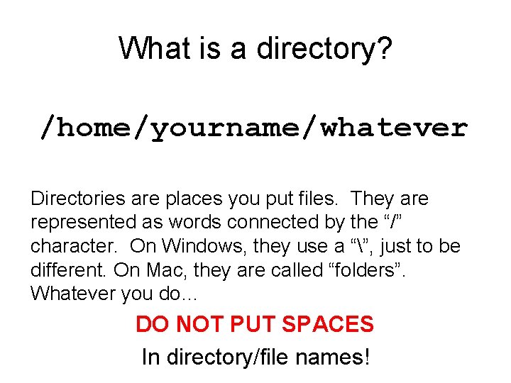 What is a directory? /home/yourname/whatever Directories are places you put files. They are represented