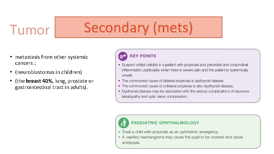 Tumor Secondary (mets) • metastasis from other systemic cancers ; • (neuroblastomas in children)