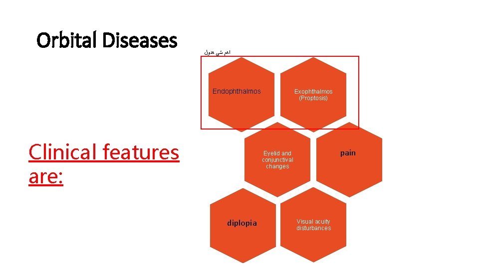 Orbital Diseases ﺍﻫﻢ ﺷﻲ ﻫﺪﻭﻝ Endophthalmos Clinical features are: Exophthalmos (Proptosis) pain Eyelid and