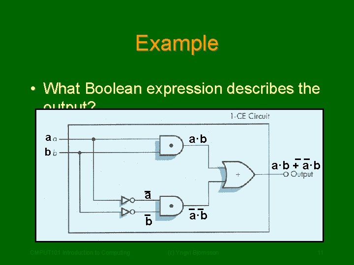 Example • What Boolean expression describes the output? a b a·b + a·b a