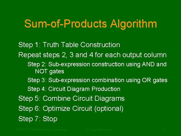 Sum-of-Products Algorithm Step 1: Truth Table Construction Repeat steps 2, 3 and 4 for