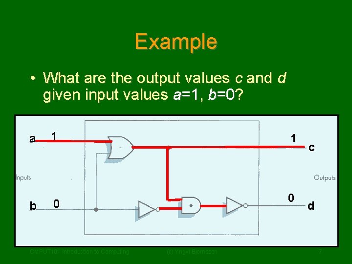 Example • What are the output values c and d given input values a=1,