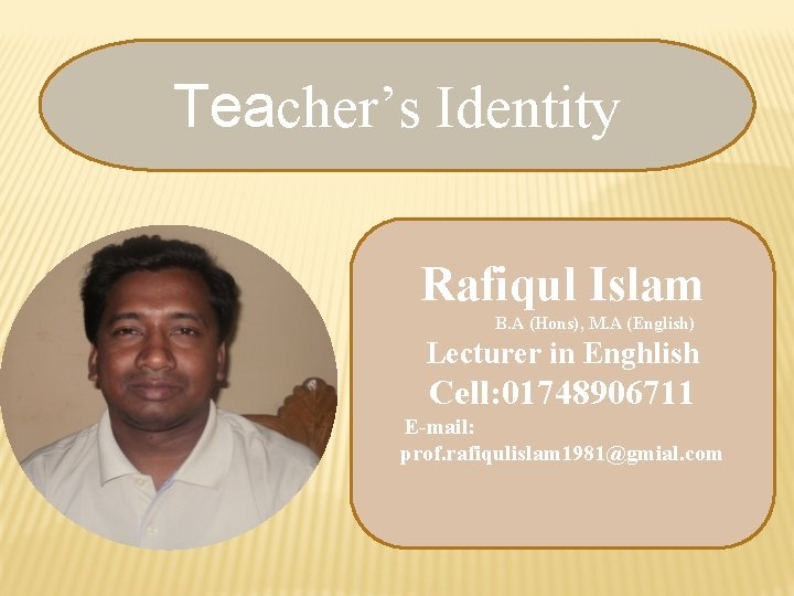 Teacher’s Identity Rafiqul Islam B. A (Hons), M. A (English) Lecturer in Enghlish Cell: