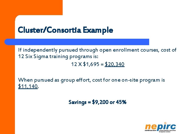 Cluster/Consortia Example If independently pursued through open enrollment courses, cost of 12 Six Sigma