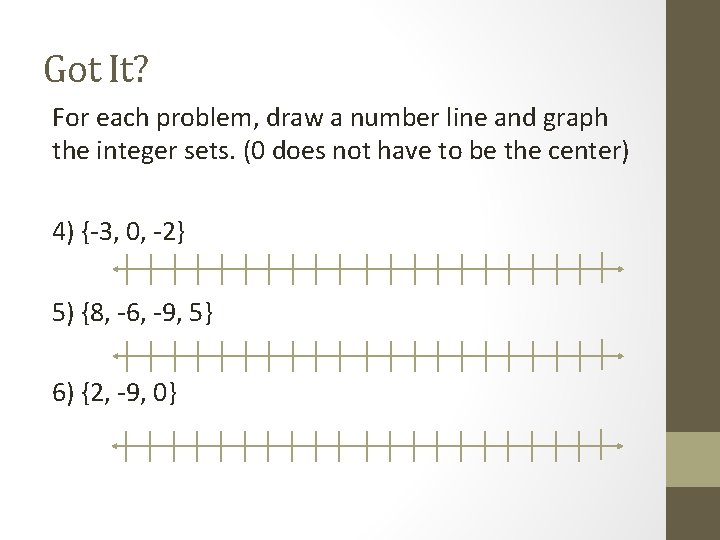 Got It? For each problem, draw a number line and graph the integer sets.