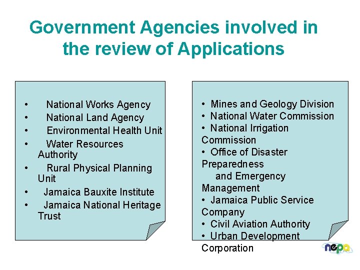 Government Agencies involved in the review of Applications • • National Works Agency National
