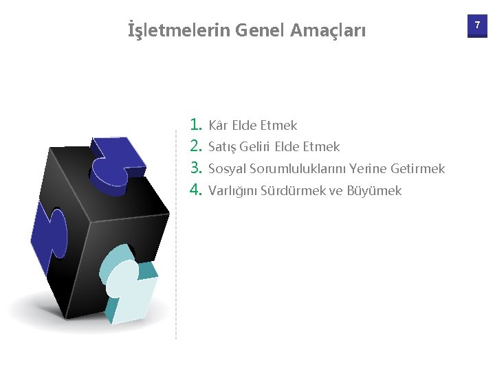 İşletmelerin Genel Amaçları 1. 2. 3. 4. Kâr Elde Etmek Satış Geliri Elde Etmek