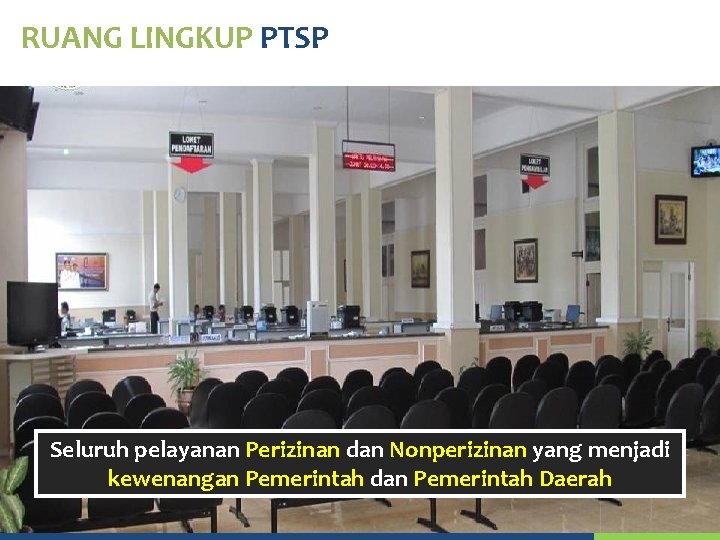 RUANG LINGKUP PTSP Seluruh pelayanan Perizinan dan Nonperizinan yang menjadi kewenangan Pemerintah dan Pemerintah