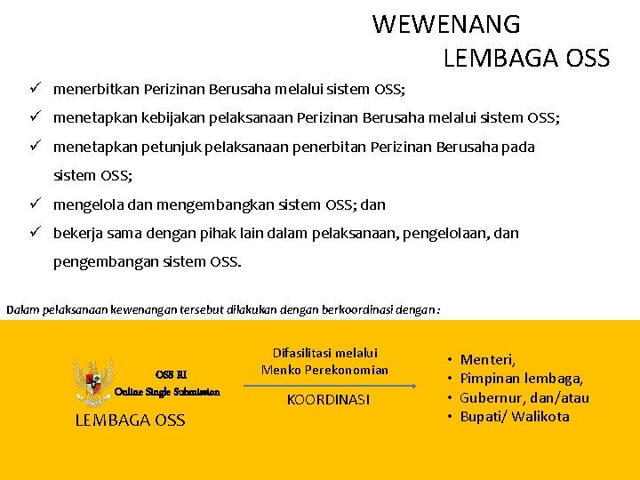 WEWENANG LEMBAGA OSS ü menerbitkan Perizinan Berusaha melalui sistem OSS; ü menetapkan kebijakan pelaksanaan