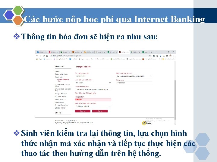 Các bước nộp học phí qua Internet Banking v Thông tin hóa đơn sẽ