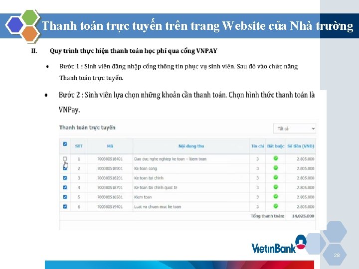 Thanh toán trực tuyến trên trang Website của Nhà trường 28 