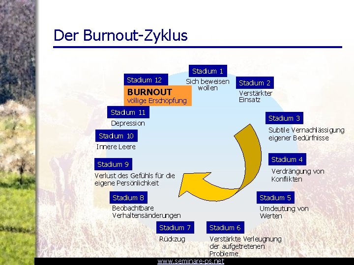 Der Burnout-Zyklus Stadium 12 BURNOUT Sich beweisen wollen völlige Erschöpfung Stadium 2 Verstärkter Einsatz