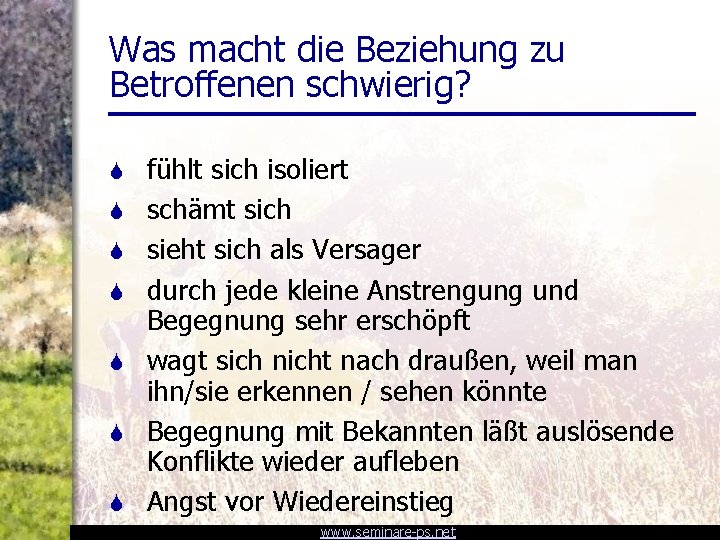 Was macht die Beziehung zu Betroffenen schwierig? S S S S fühlt sich isoliert