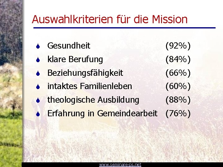 Auswahlkriterien für die Mission S Gesundheit (92%) S klare Berufung (84%) S Beziehungsfähigkeit (66%)