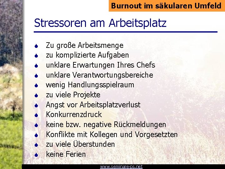 Burnout im säkularen Umfeld Stressoren am Arbeitsplatz S S S Zu große Arbeitsmenge zu