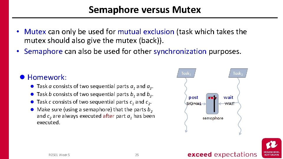 Semaphore versus Mutex • Mutex can only be used for mutual exclusion (task which