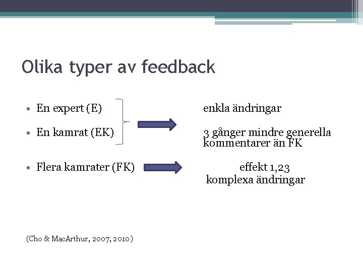Olika typer av feedback • En expert (E) enkla ändringar • En kamrat (EK)