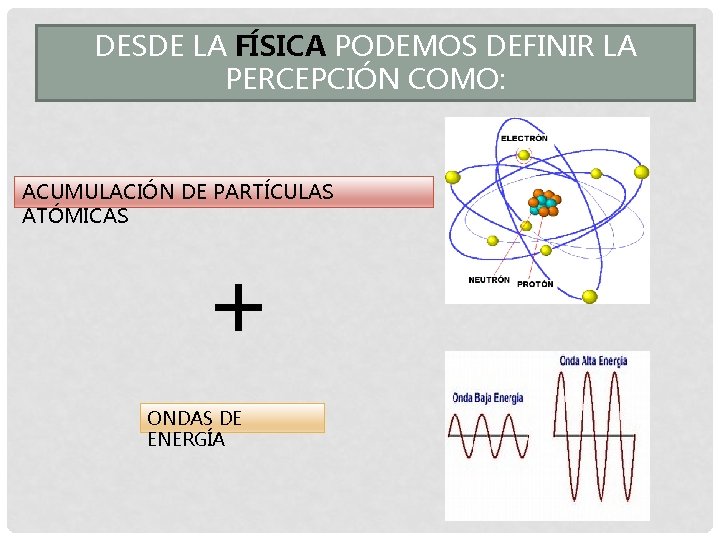 DESDE LA FÍSICA PODEMOS DEFINIR LA PERCEPCIÓN COMO: ACUMULACIÓN DE PARTÍCULAS ATÓMICAS + ONDAS