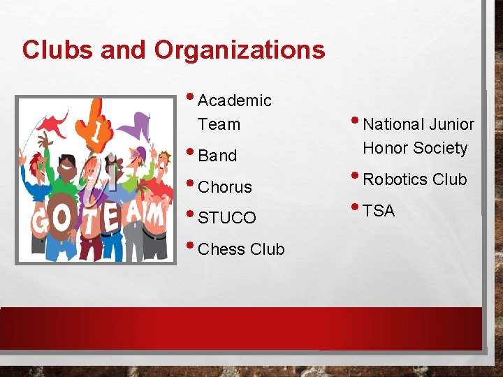 Clubs and Organizations • Academic Team • Band • Chorus • STUCO • Chess