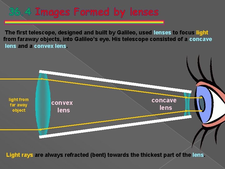 36. 4 Images Formed by lenses The first telescope, designed and built by Galileo,