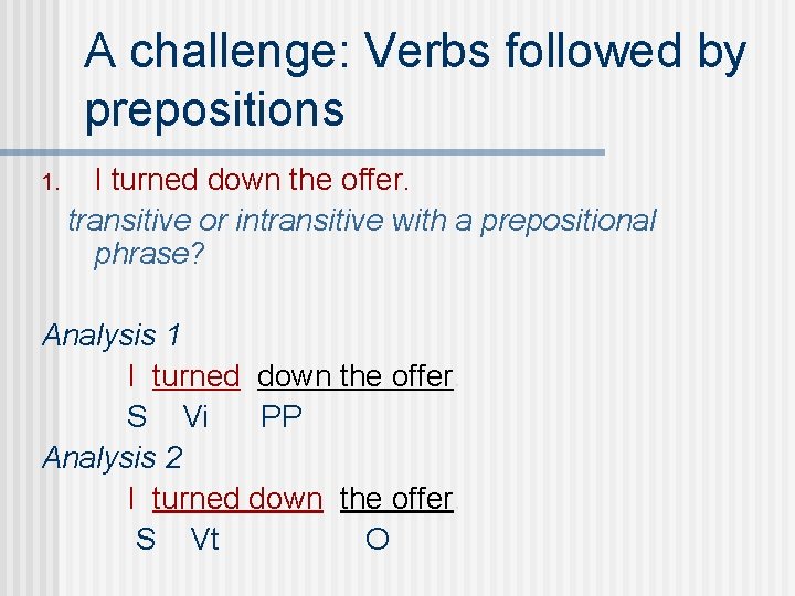 A challenge: Verbs followed by prepositions 1. I turned down the offer. transitive or