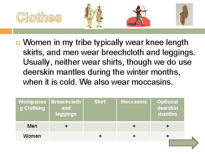 Clothes Women in my tribe typically wear knee length skirts, and men wear breechcloth