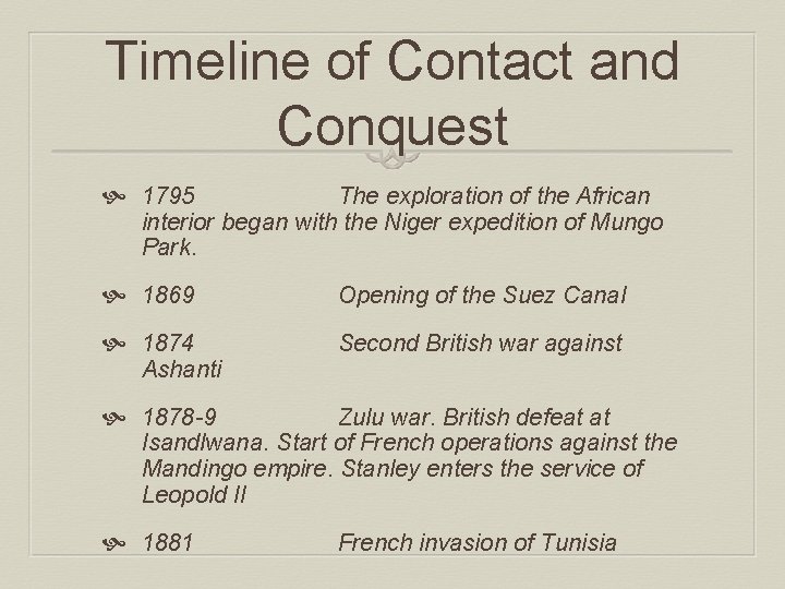 Timeline of Contact and Conquest 1795 The exploration of the African interior began with