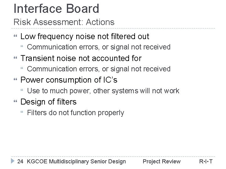 Interface Board Risk Assessment: Actions Low frequency noise not filtered out Transient noise not