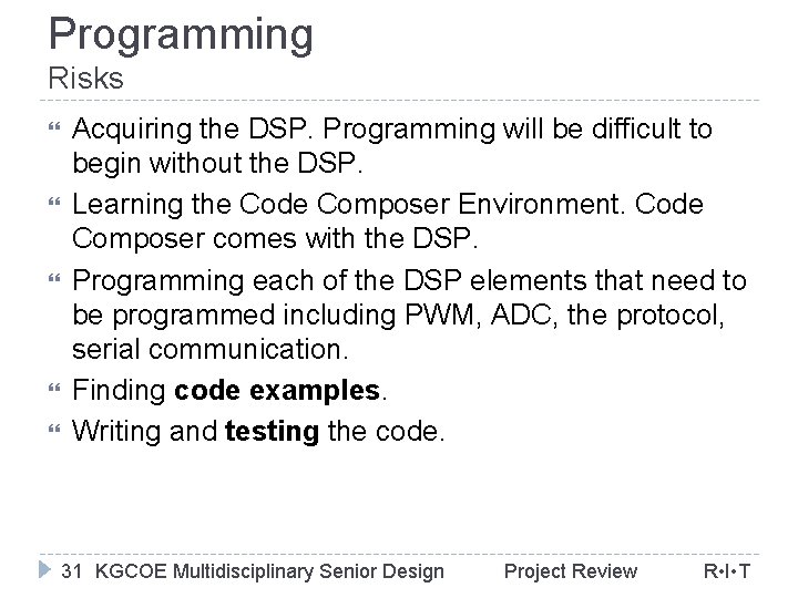 Programming Risks Acquiring the DSP. Programming will be difficult to begin without the DSP.
