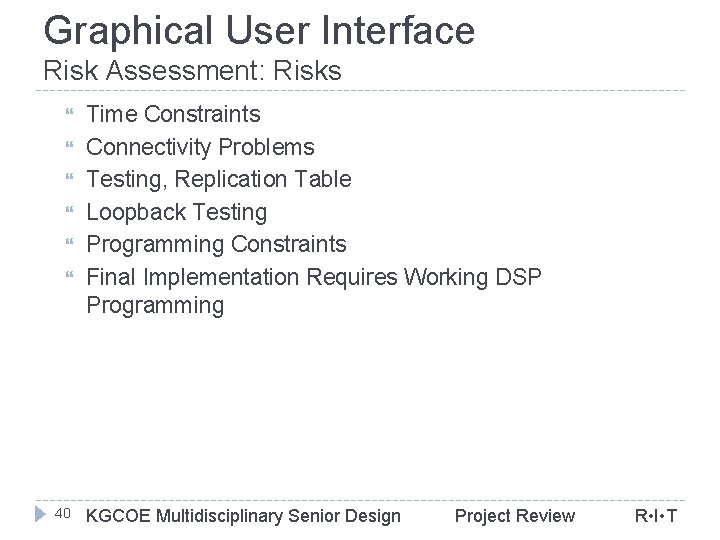 Graphical User Interface Risk Assessment: Risks 40 Time Constraints Connectivity Problems Testing, Replication Table