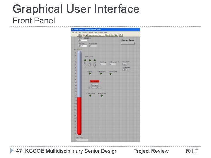 Graphical User Interface Front Panel 47 KGCOE Multidisciplinary Senior Design Project Review R •