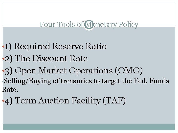 Four Tools of Monetary Policy • 1) Required Reserve Ratio • 2) The Discount