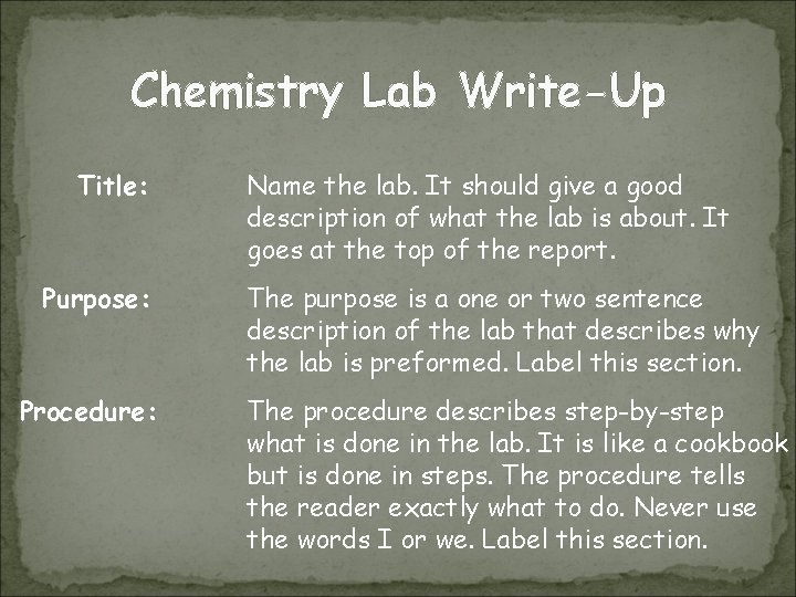 Chemistry Lab Write-Up Title: Purpose: Procedure: Name the lab. It should give a good