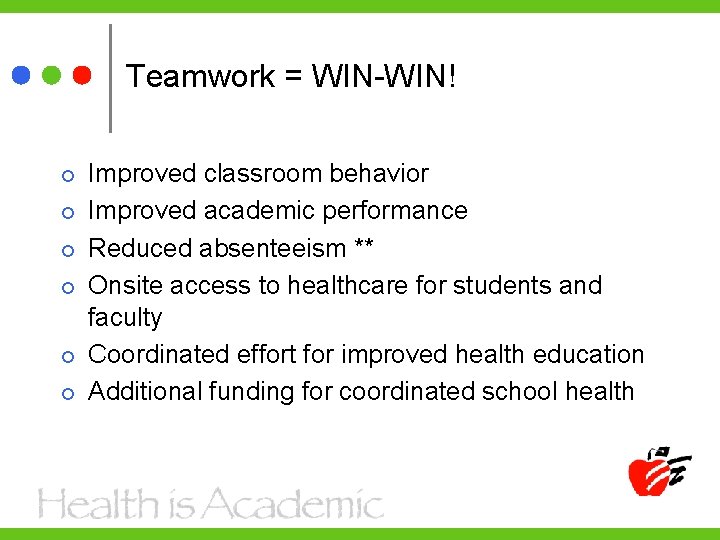 Teamwork = WIN-WIN! Improved classroom behavior Improved academic performance Reduced absenteeism ** Onsite access