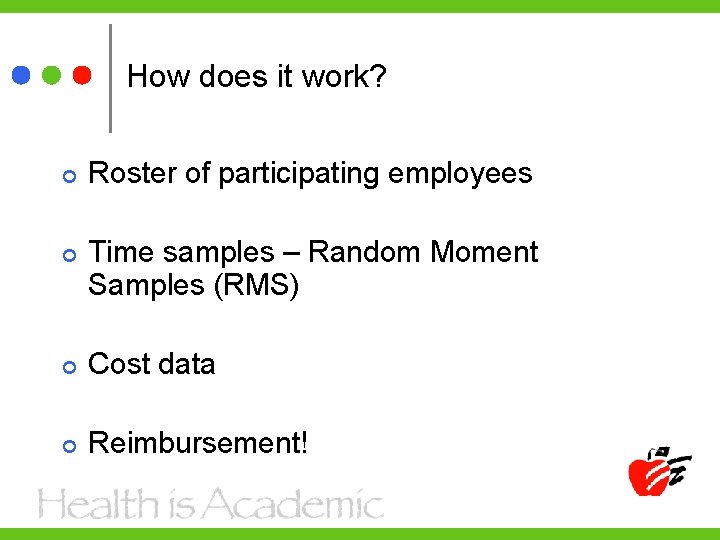 How does it work? Roster of participating employees Time samples – Random Moment Samples