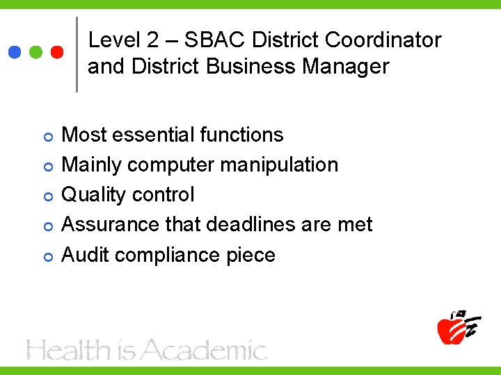 Level 2 – SBAC District Coordinator and District Business Manager Most essential functions Mainly