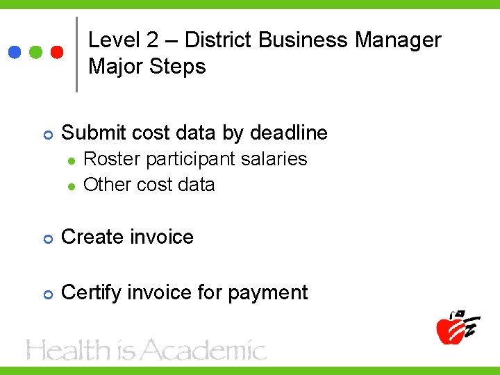 Level 2 – District Business Manager Major Steps Submit cost data by deadline l