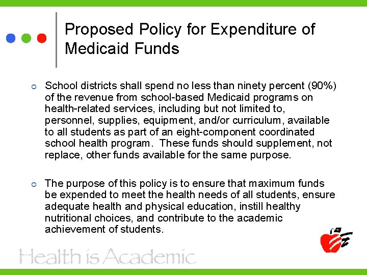 Proposed Policy for Expenditure of Medicaid Funds School districts shall spend no less than