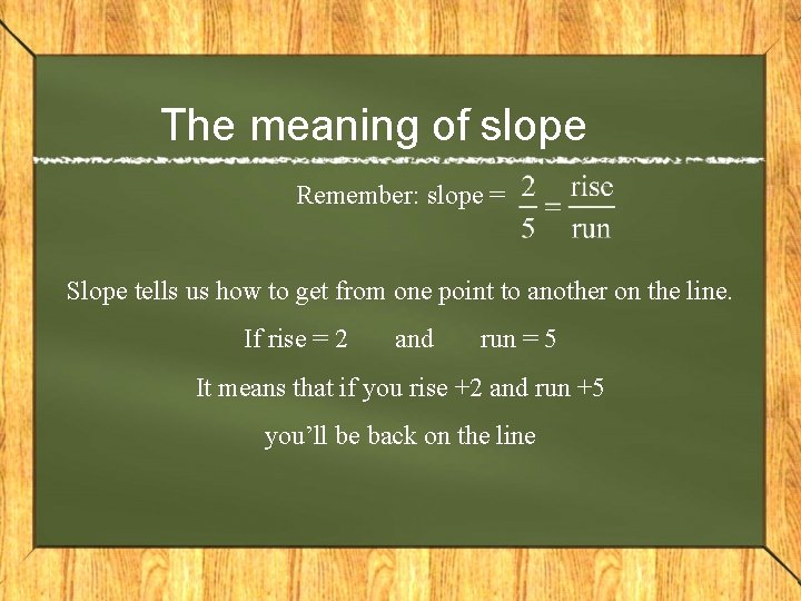 The meaning of slope Remember: slope = Slope tells us how to get from