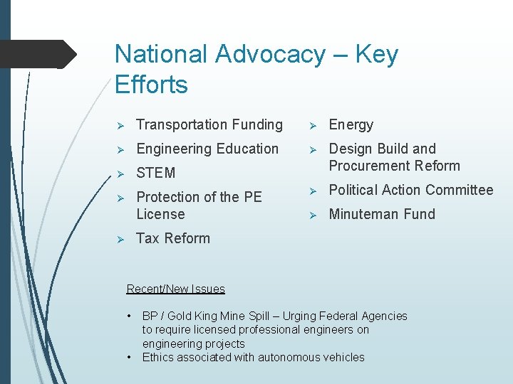 National Advocacy – Key Efforts Ø Transportation Funding Ø Energy Ø Engineering Education Ø