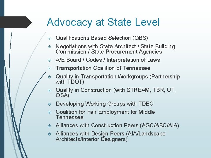 Advocacy at State Level Qualifications Based Selection (QBS) Negotiations with State Architect / State