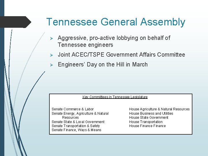 Tennessee General Assembly Ø Aggressive, pro-active lobbying on behalf of Tennessee engineers Ø Joint