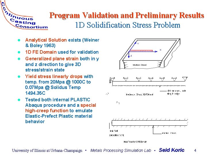 Program Validation and Preliminary Results 1 D Solidification Stress Problem l l l Analytical