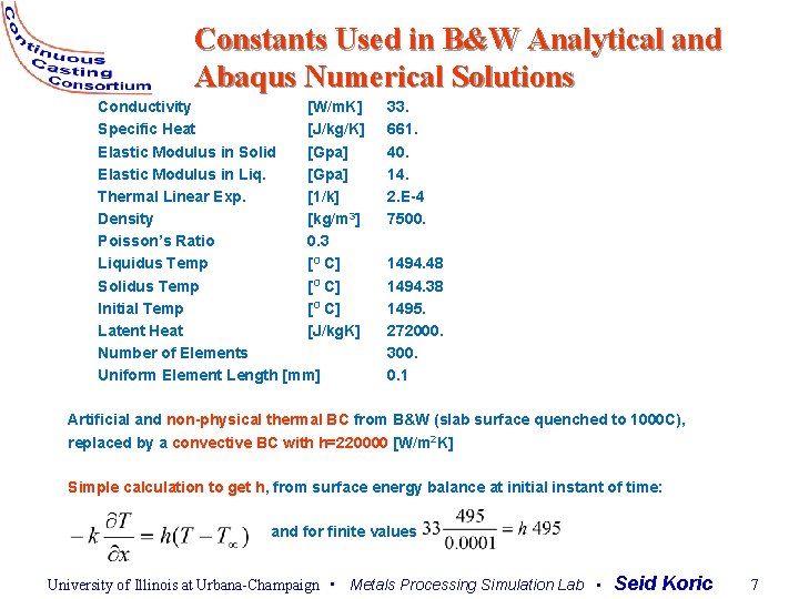 Constants Used in B&W Analytical and Abaqus Numerical Solutions Conductivity [W/m. K] Specific Heat